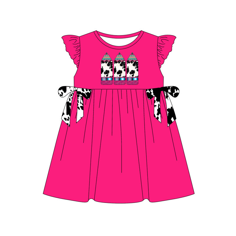 Preorder (moq 5)Baby Girls Flutter Sleeve Cow Print Pencil Back to School Knee Length Dress