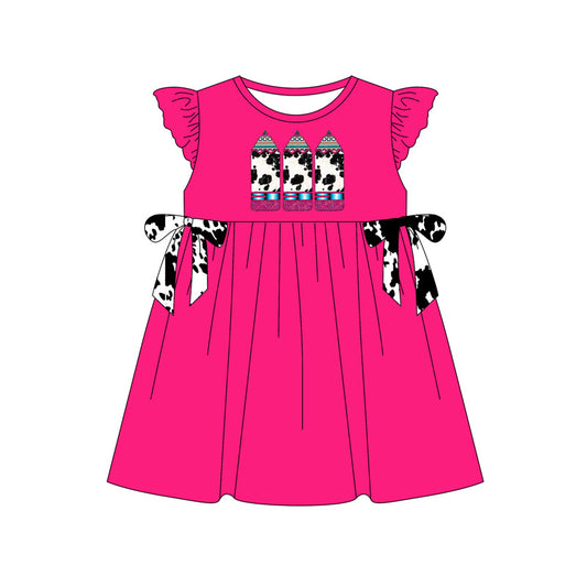 Preorder (moq 5)Baby Girls Flutter Sleeve Cow Print Pencil Back to School Knee Length Dress