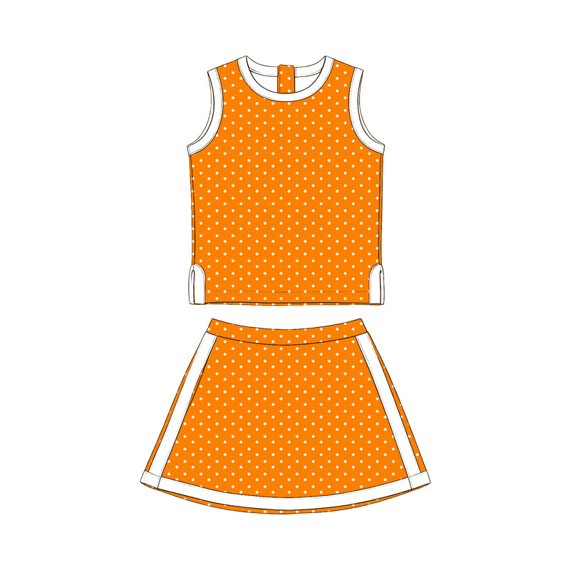 Preorder (moq 5) Girls Orange & White Polka Dot Color-Block Sleeveless Tank Top & Skirt 2-Piece Set