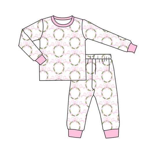 Preorder (moq 5)Baby Kids Long Sleeves Pink Bows Garland Top Pant Pajamas Set