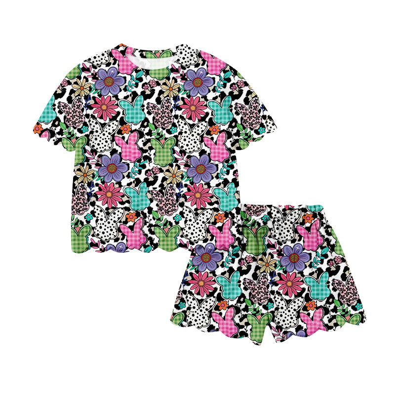 Preorder (moq 5)Baby Girls Colorful Rabbits Flowers Leopard Top Scallop Shorts Easter Clothes Sets