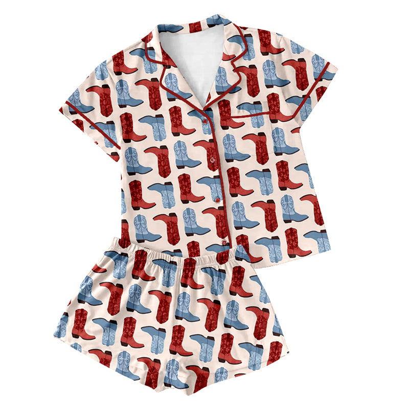 Preorder(moq 5)Adult Women Pink Colorful Boots Buttons Pocket Tee Shirts Shorts Pajamas Sets