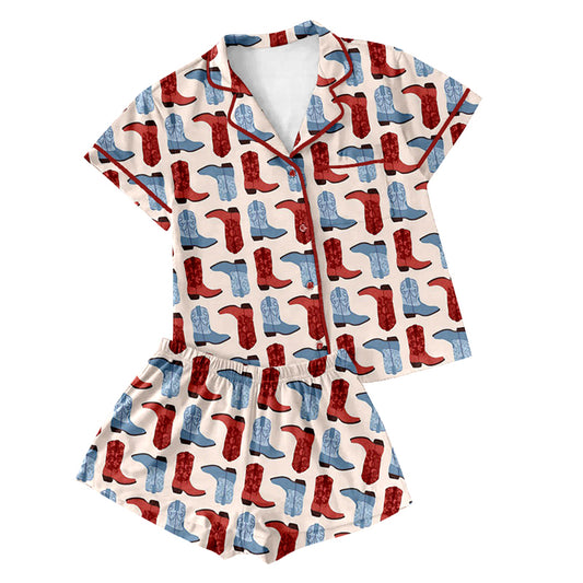 Preorder(moq 5)Adult Women Pink Colorful Boots Buttons Pocket Tee Shirts Shorts Pajamas Sets