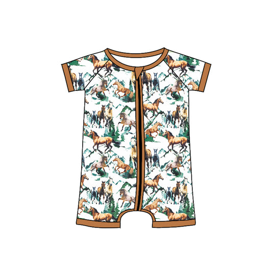 Preorder(moq 5)Baby Infant Boy Short Sleeves Horses Mountain Zipper Rompers