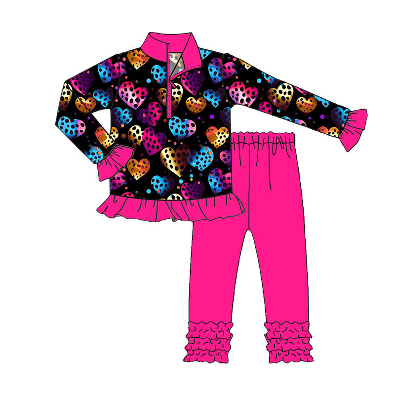 Preorder (moq 5)Baby Girls Polka Dots Hearts Zipper Pullover Ruffle Leggings Valentine Clothes Sets