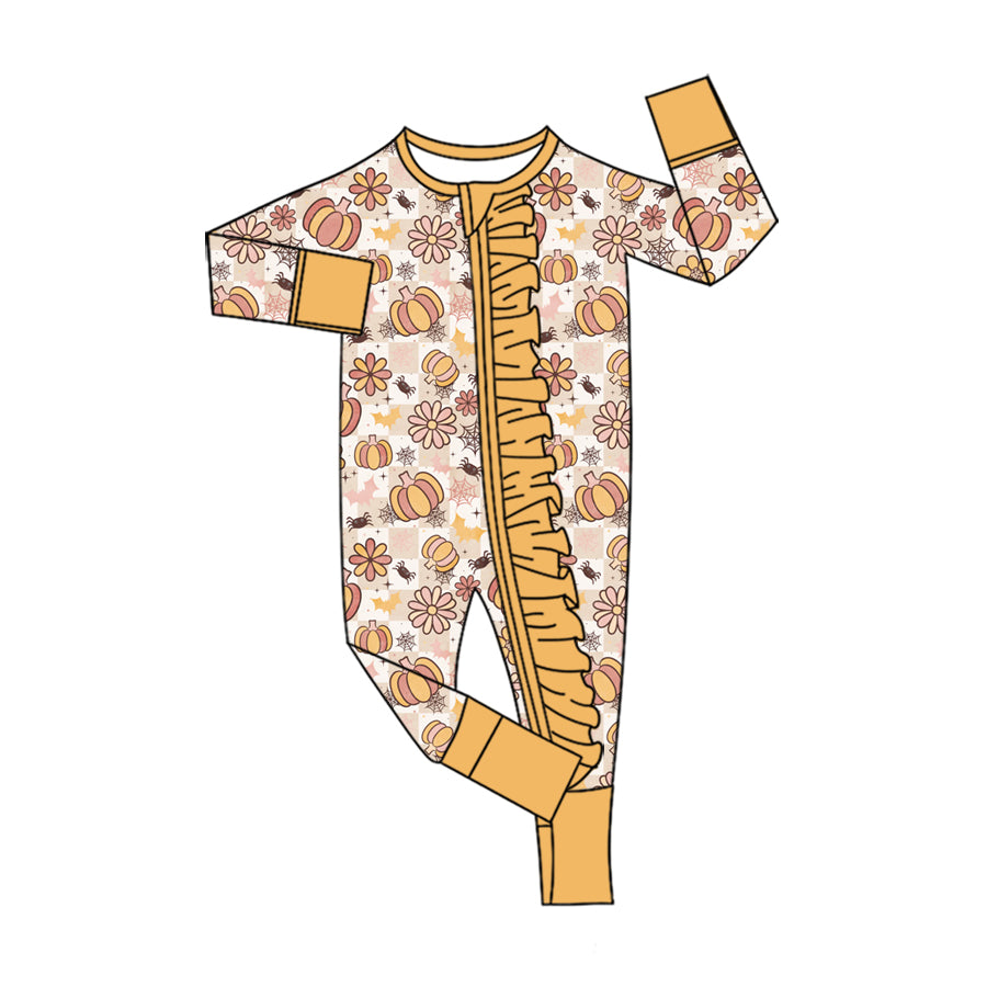 Preorder (moq 5)Baby Girls Flower Spiders Pumpkins Halloween Two Way Ruffle Zip Convertible Rompers