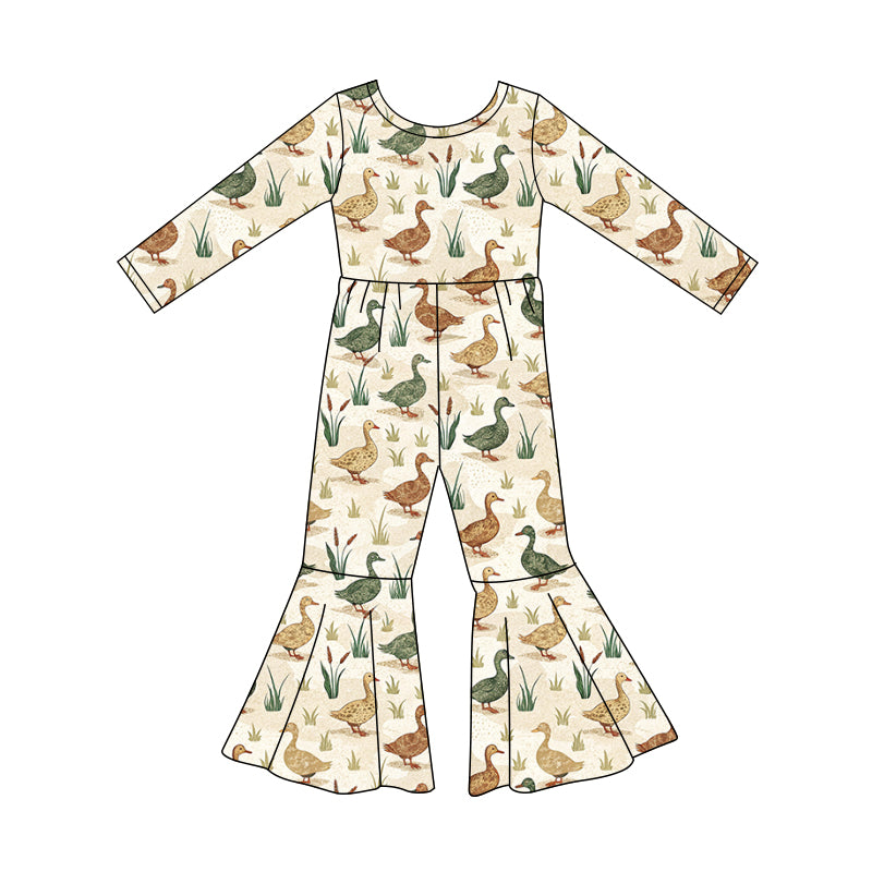 Preorder (moq 5)Baby Girls Long Sleeve Ducks Flowers Bell Bottom Jumpsuits