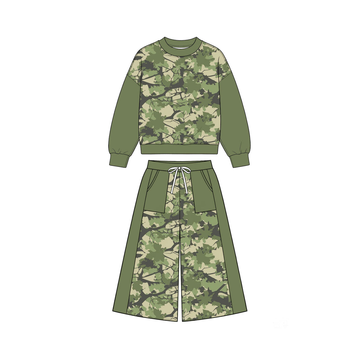 Pre-order(moq5) Girls’ Fall Green Leaf Print Crew Neck Long Sleeve Bow Top & Wide-Leg Pants Set