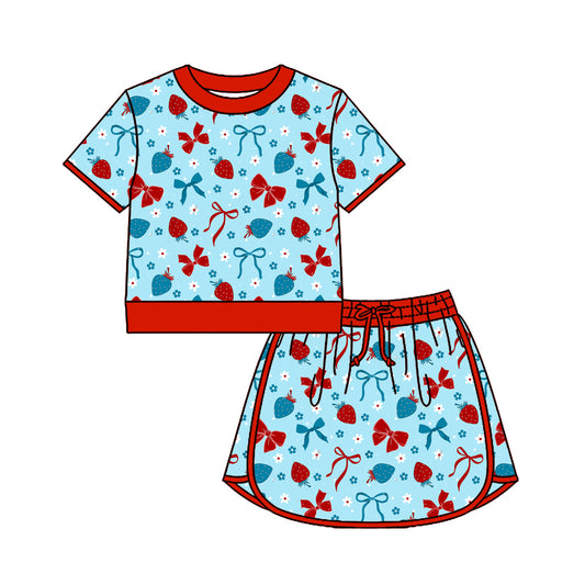 Preorder (moq 5)Baby Girls Red Blue Strawberry Bows Top Skirt Short 4th of July Clothes Sets