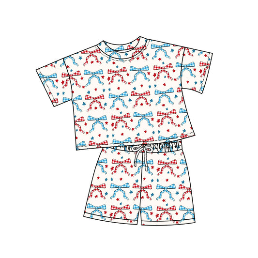 Preorder (moq 5)Baby Girls Checked Bow Stars Top Shorts 4th of July Clothes Sets