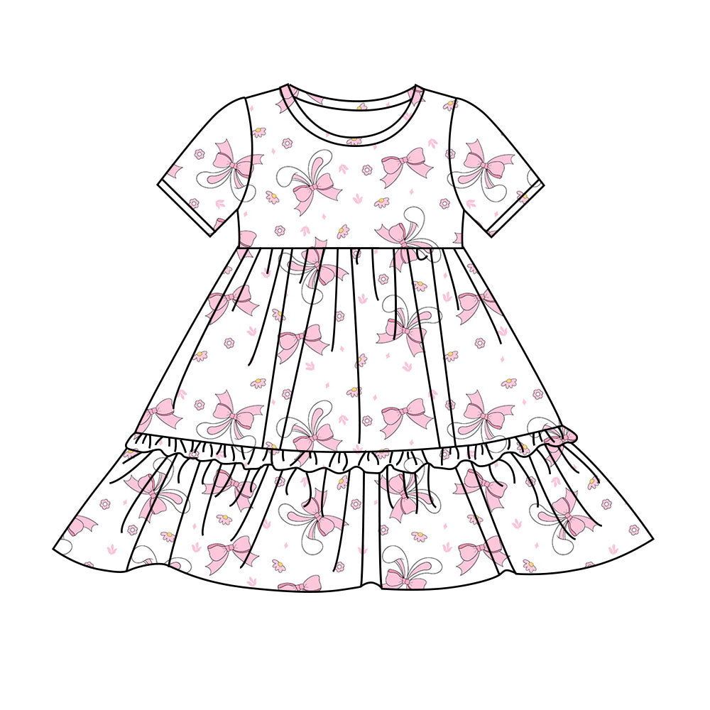 Preorder(moq 8)Baby Girls Pink Flowers Bows Rabbits Easter Ruffle Knee Length Dresses