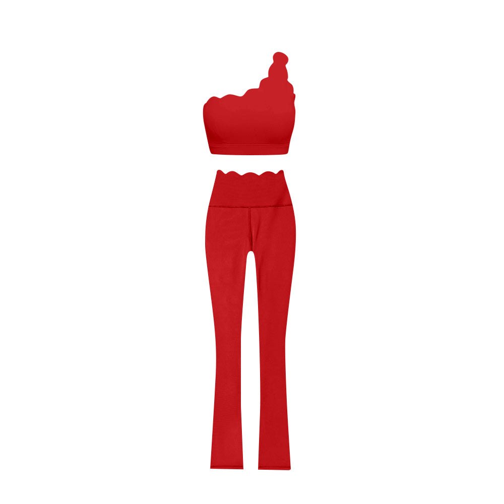 Preorder (moq 5)Baby Girls Red One Shoulder Scallop Top Bell Bottom Pants Yoga Sets