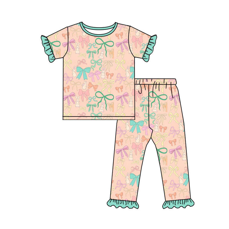 Preorder (moq 5)Baby Girls Colorful Bows Rabbits Top Ruffle Pants Easter Pajamas Sets
