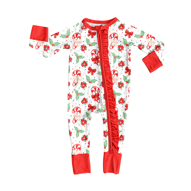 Preorder(moq 5)Baby Girls Christmas Holly Bows Zipper Footie Rompers