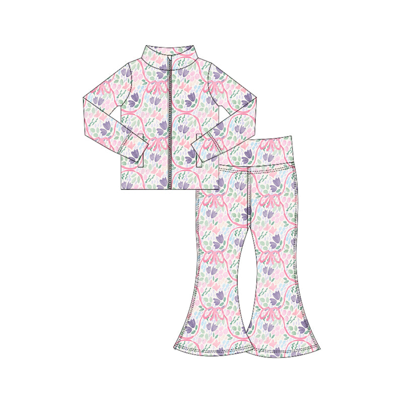 Preorder (moq 5)Baby Girls Lavender Pink Bows Floral Plaid Zipper Jacket Top Bell Bottom Pants Set