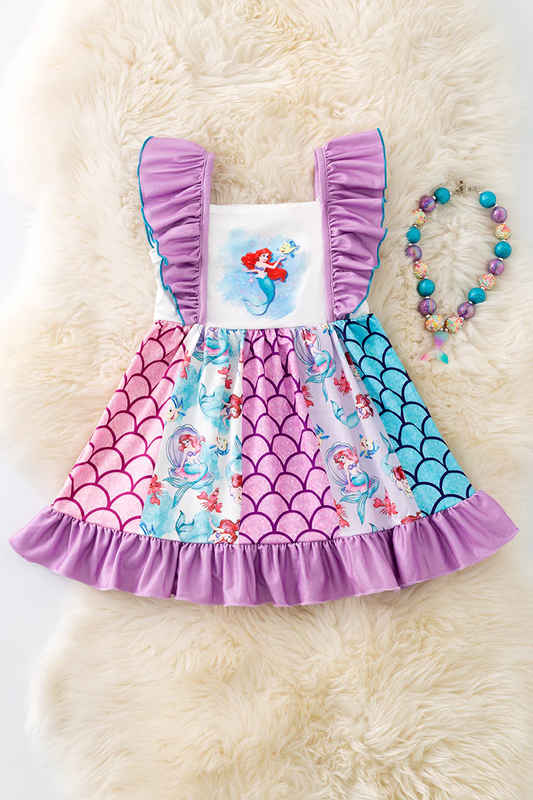 Preorder moq 5 Baby Girls Lavender Flutter Sleeves Mermaid Knee Length Dress