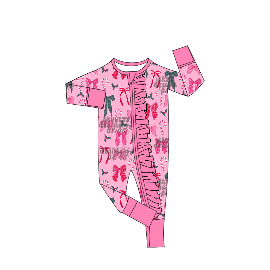 Preorder (moq 20)Baby Girls Bamboo Candy Cane Bows Christmas Zippy Footie Rompers