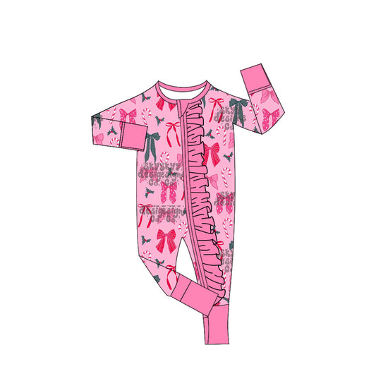 Preorder (moq 20)Baby Girls Bamboo Candy Cane Bows Christmas Zippy Footie Rompers