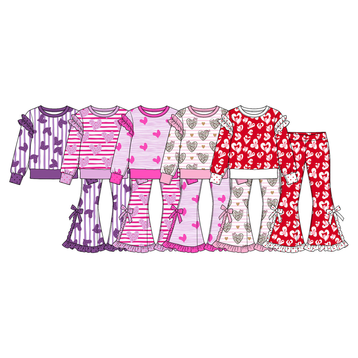 Preorder (moq 5) Baby Girl Clothes Leopard Heart Striped Print Long Sleeve Ruffle Top Bow Ruffle Flare Pants Outfit Set