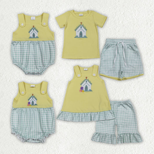 Sibling Baby Kids Embroidery Church Cross Top Checked Shorts Clothes Set Rompers