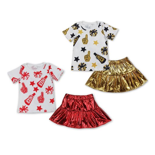 Sibling Baby Girls Cheer Stars Shirt Top Leather Skirts Clothes Sets