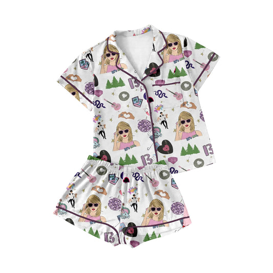 Baby Girls White Singer Buttons Top Shorts Pajamas Clothes Sets preorder(MOQ 5)
