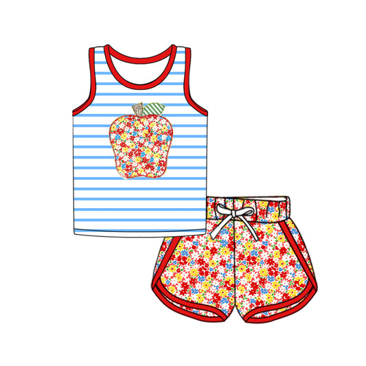 Preorder (moq 5)Baby Girls Blue Stripe Sleeveless Floral Apple Top Short Sport Set Preorder