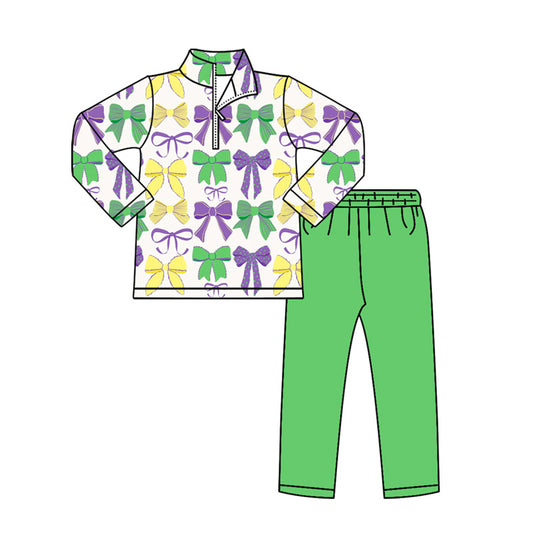 Preorder(moq 8)Baby Boys Mardigras Colorful Bows Zip Pullover Top Leggings Pant Clothes Sets