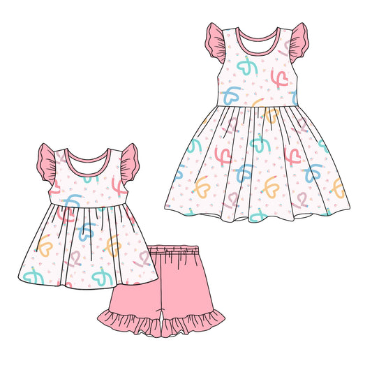 Preorder moq 5 Custom Baby Girls Colorful Pencil Hearts Tunic Ruffle Short Set Knee Length Dresses