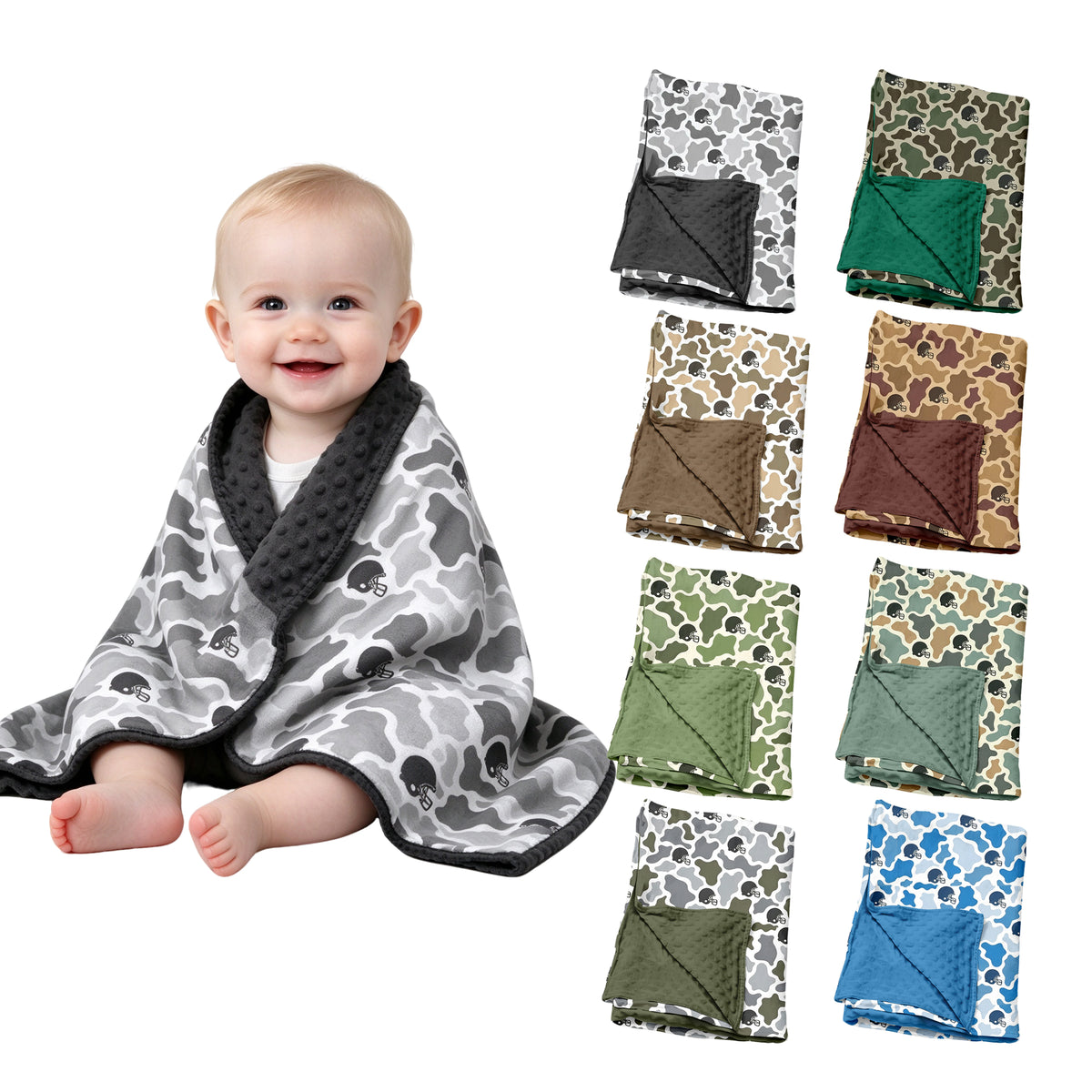 Preorder (moq 5) Baby Blanket Olive Grey Camo Football Helmet Print Minky Dot Backing Baby Swaddle Blanket