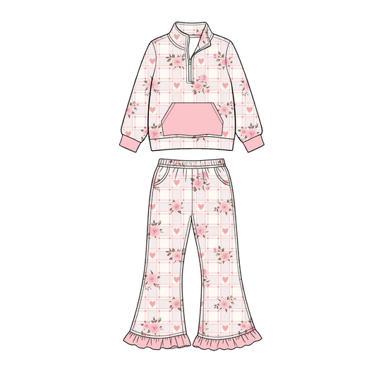 Preorder (moq 5) Baby Girl Clothes Plaid Rose Heart Allover Print Long Sleeve Half Zip Top Ruffle Flare Pant Set