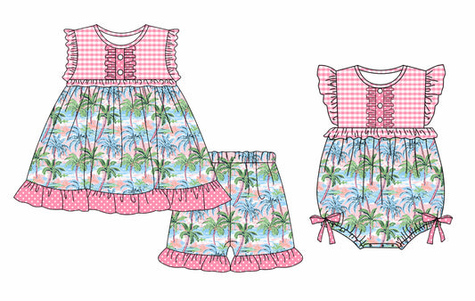 Preorder moq 5 Custom Baby Girls Pink Plaid Sleeveless Button Beach Tunic Ruffle Short Set Rompers