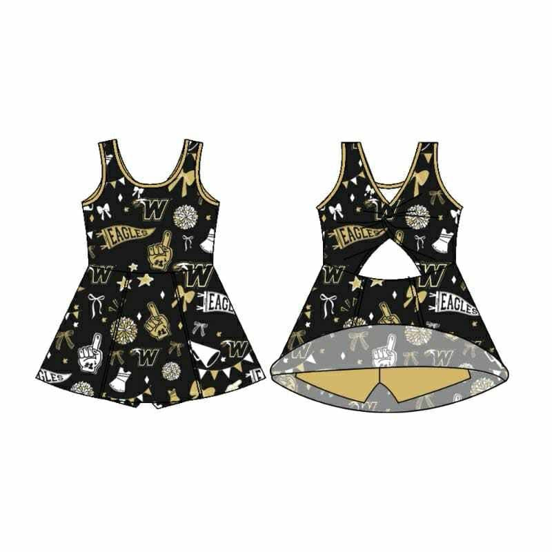 Preorder (moq 5)Baby Girls Sleeveless Black Eagles Bows Football Team Shorts Dresses