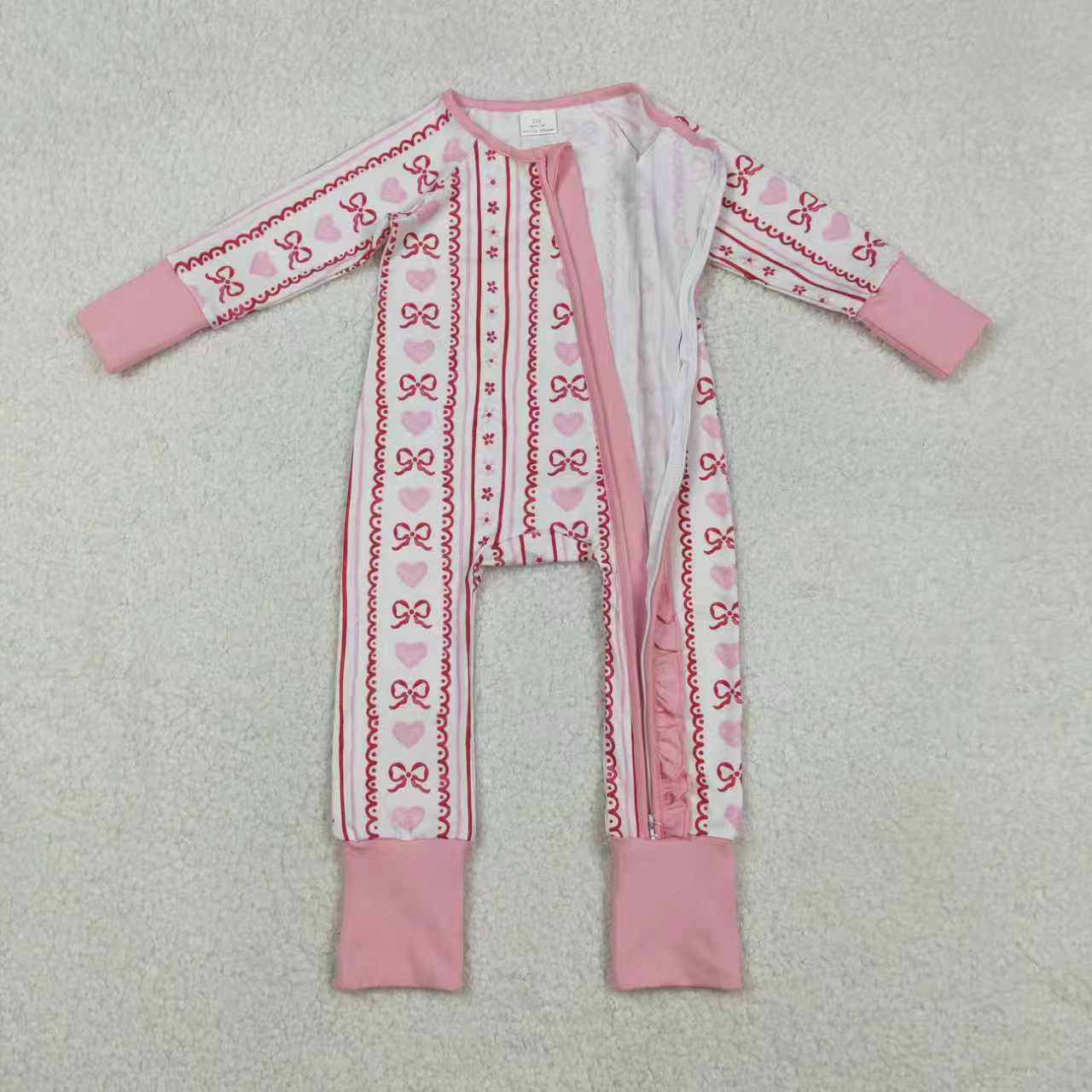 Sibling Baby Girls Pink Hearts Bows Stripes Valentines Pajamas Sets Ruffle Zipper Rompers