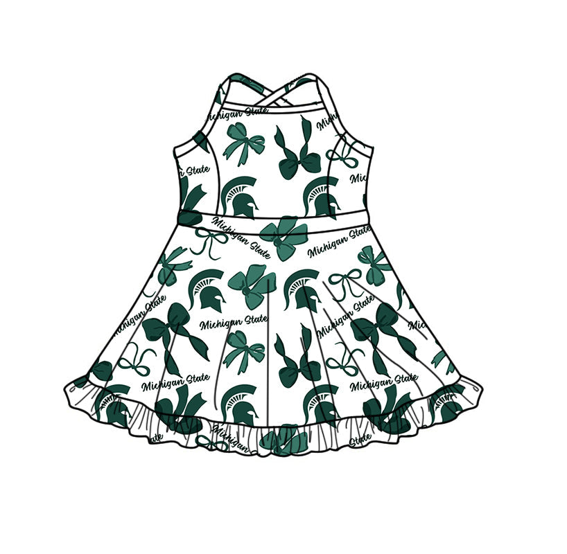 Preorder (moq 5)Baby Girls Strap Michigan State Bows Team Shorts Ruffle Knee Length Dress