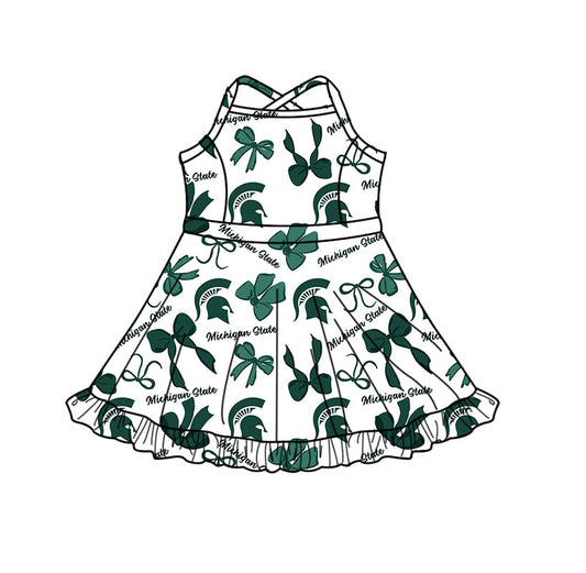 Preorder (moq 5)Baby Girls Strap Michigan State Bows Team Shorts Ruffle Knee Length Dress