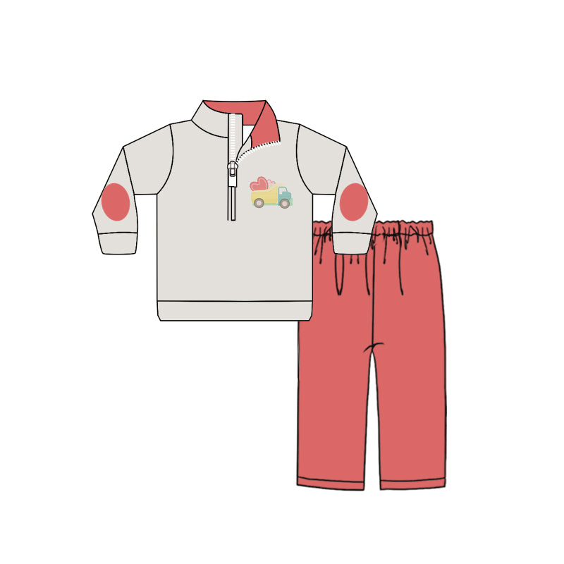 Baby Boys Valentines Tractor Print Zip Top Red Pants Outfits Clothes Sets preorder(MOQ 5)