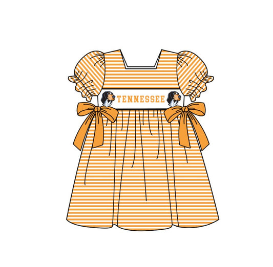 Preorder (moq 5)Baby Girls Short Ruffle Sleeve Stripe Tennessee Team Knee Length Dress