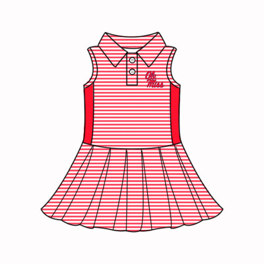 Preorder (moq 5)Baby Girls Red Stripe Ole Miss Button Team Knee Length Dresses