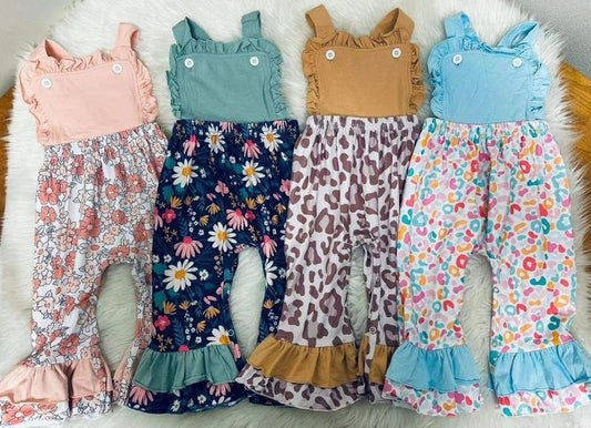 Baby Girls Leopard Flowers Straps Ruffle Pants Summer Spring Jumpsuits