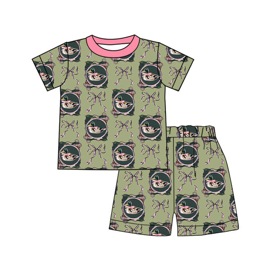 Preorder (moq 5)Baby Girls Bows Ducks Checked Top Shorts Western Pajamas Sets