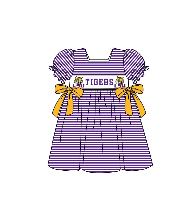 Preorder (moq 5)Baby Girls Short Ruffle Sleeve Purple Stripe Tigers Team Knee Length Dress