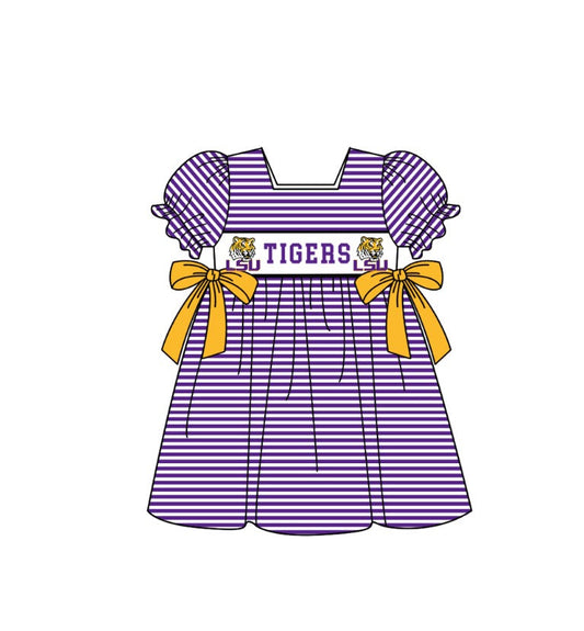 Preorder (moq 5)Baby Girls Short Ruffle Sleeve Purple Stripe Tigers Team Knee Length Dress
