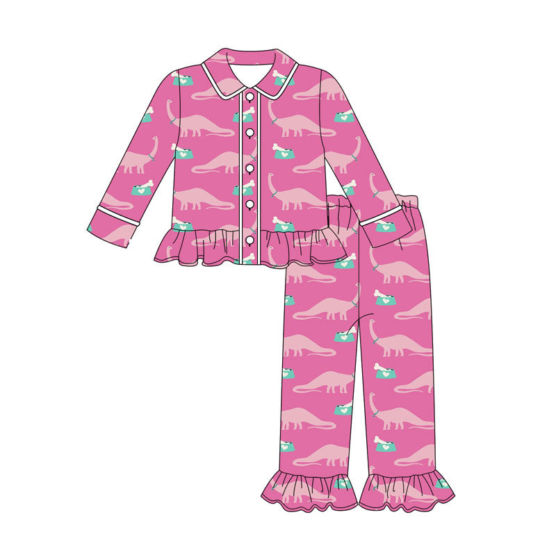 Preorder (moq 5)Baby Girls Pink Dinosaurs Button Top Ruffle Pants Western Pajamas Sets