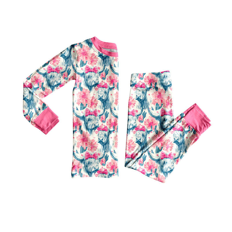 Preorder (moq 5)Baby Girls Highland Cows Flowers Top Pants Western Pajamas Sets