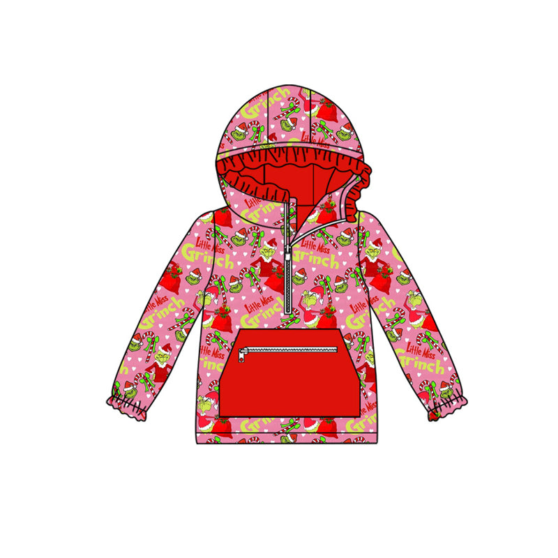 Preorder(moq 5)Baby Girls Green Faces Candy Cane Christmas Pockets Zipper Hoodie Tops