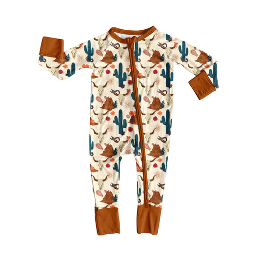 Preorder (moq 5)Baby Boys Bull Skulls Cactus Western Two Way Zip Convertible Rompers