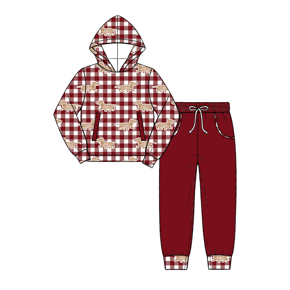 Preorder (moq 5) Baby Boy Clothes Red Buffalo Plaid Dachshund Dog Allover Print Long Sleeve Hoodie Jogger Pant Set