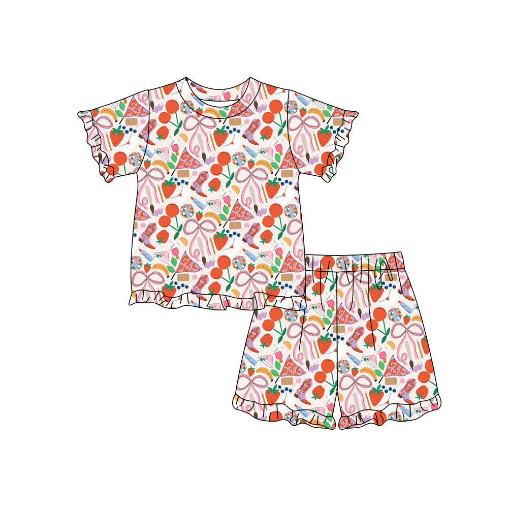 Preorder (moq 5)Baby Girls Short Sleeve Cherry Boots Top Ruffle Short Clothes Sets