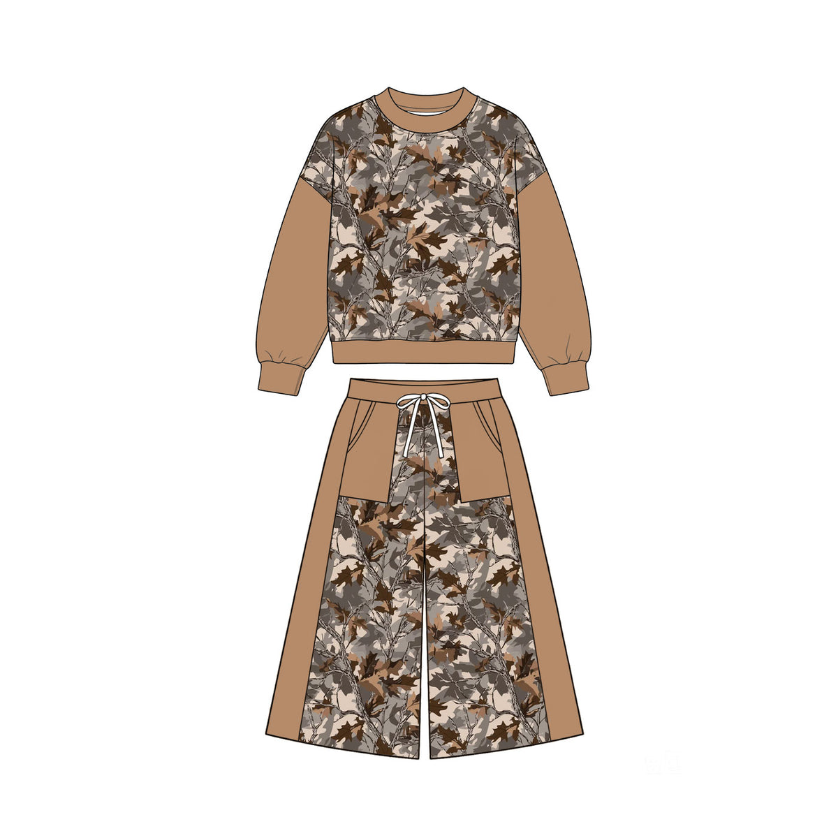 Pre-order(moq5) Girls’ Fall Caramel Brown Autumn Leaf Camo Print Long Sleeve Bow Top & Wide-Leg Pants Set